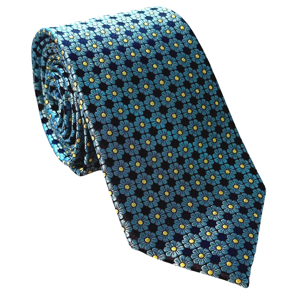 Ted Baker Necktie Mens Blue Floral Geometric Pattern Tie One Size Silk Width 3.5